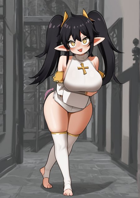 1girl, huge breast, black hair, blush, bottomless, breasts, crossed legs, detached sleeves, fang, full body, leaning forward, long hair, open mouth, pointy ears, shirt, skin fang, skindentation, slit pupils, smile, solo, standing, thigh gap, thighhighs, toeless legwear, toes, twintails, watson cross, white shirt, white thighhighs, yellow eyes,  zPDXL3, <lora:Lea_Jin:1>
