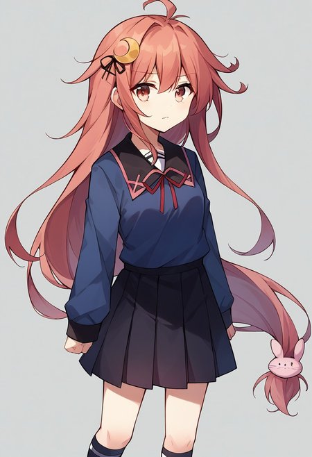 score_9, score_8, score_7, source_anime, uzuki (kancolle), crescent hair ornament, rabbit hair ornament, cowboy shot, neck ribbon, black skirt, closed mouth, shoes, upper body, black socks, small breasts, school uniform