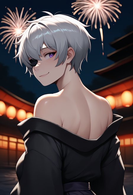 masterpiece, best quality, newest, from behind, solo, 1girl, naj3nda, smile, looking back, short hair, grey hair, purple eyes, eyepatch, japanese clothes, black kimono, off shoulder, bare shoulders, outdoors, night, fireworks
<segment:yolo-Anzhc Face seg 640 v2 y8n.pt,0.4,0.5//cid=1>
