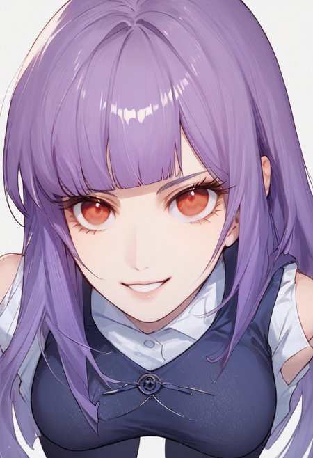 score_9, score_8_up, score_7_up, score_6_up, 1girl, solo, looking at viewer, light smile, huge breasts, large breasts, Expressiveh, rouxloukapv1, purple hair, long hair, red eyes, bangs, cleavage, blunt bangs, clothing cutout