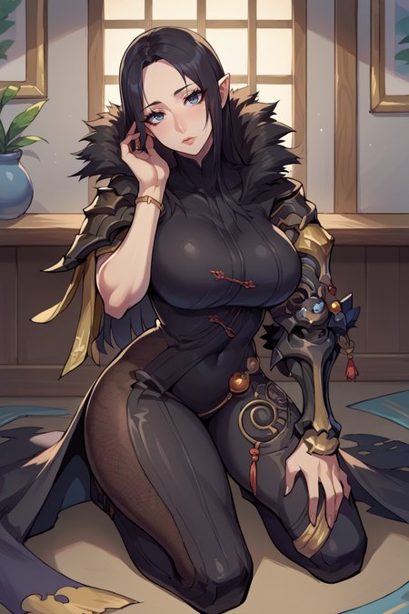 score_9, score_8_up, score_7_up, score_6_up, source_anime BREAK 1girl, solo  <lora:jinsoyun-pdxl-nvwls-v1-000007:1> jinsoyun, black hair, black bodysuit, shoulder armor, fishnet, single gauntlet, bracelet, big breasts, kneeling, looking at you, head tilt, indoors
