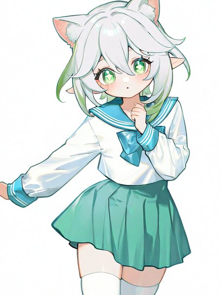 1girl,solo,simple background,white background,cowboy shot,,white thighhighs,change clothes,nahida_(genshin_impact),short,green skirt,white and blue sailor suit,short hair,cat ears,<lora:bigcat-000021:1>, masterpiece, best quality, very aesthetic, absurdres,newest, incredibly absurdres,