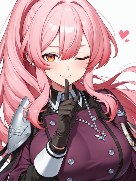 exosister martha, 1girl, solo, smile, large breasts, looking at viewer, upper body, index finger raised, one eye closed, finger to mouth, silver ear piercing, closed mouth, sidelocks, blush, purple military dress uniform, purple capelet, black gloves, silver necklace, white background, simple background,
masterpiece,best quality,amazing quality,very aesthetic,absurdres,newest,<lora:Exosister Martha illusXL v1:0.74>,