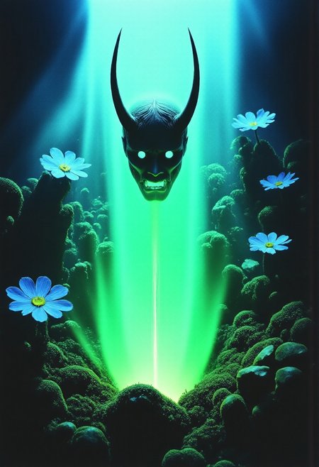Studio Ghibli Dark Fairytale ArsMovieStill, movie still from a 1970s horror movie depicting a cursed hannya mask with horns and fangs blooming out of a blue lotus in a liminal bonsai garden with eerie radiating cyan and green miasma