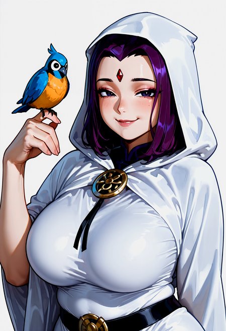 upper body, solo, TT_Arella Roth, 1girl, forehead jewel, mature female, think face, dark purple eyes, black eyes, purple hair, medium hair, widow's_peak, large breasts, heavy breasts, plump, wide hips, hooded cloak, long white cloak, hood up, long white robe, belt, looking at viewer, standing, bedroom eyes, seductive smile, bird on hand, bird, sexually suggestive, simple background, white background, <lora:ponyxl\cfg_scale_boost:0.7> <lora:ponyxl\KMS_TeenTitans_ArellaRoth_Pony-000015:1>