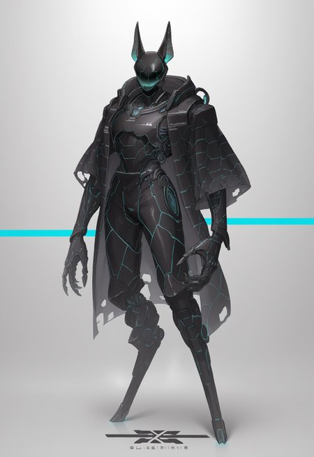  female(((jackal Anubis robot)))(stunning, magnificent, HD, photorealistic, dramatic lighting, intricate details, armor beautiful patterns, realistic , mythical, legendary, powerful, cinematic,, masterpiece, perfect anatomy, perfect composition, perfect hand, (beautiful detailed eyes:1.2), (soft colors)) , glowing blue core on armor, armor highly detailed patterns on armor), torn cloak , full body fits into the image, full body visible, ), claws, gauntlet, igital illustration of a futuristic, armored humanoid figure. The subject is dressed in a highly detailed, dark, and bulky exosuit with intricate mechanical components and white accents. The suit features various textures and layers, including a cloak-like garment with angular, geometric shapes. The figure's head is adorned with a helmet that has two antenna-like protrusions and a visor, giving it a robotic appearance. The suit has several logos and text in white, including a prominent circular emblem on the chest and arm. The overall design is sleek and modern, with a strong emphasis on technology and advanced, ,(((huge arms with cylinders mechanical components)))