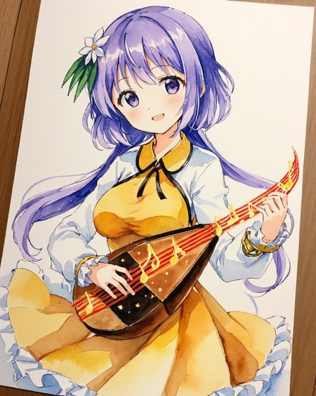 tsukumo benben,1girl, traditional_media, solo, lute_\(instrument\), hair_flower, biwa_lute, long_sleeves, open_mouth, looking_at_viewer, smile, frilled_dress, painting_\(medium\), music, yellow_dress, watercolor_\(medium\), brown_dress, cowboy_shot, musical_note, low_twintails, breasts
<lora:tsukumo_benben_image916_2023-12-20-000015:1>,star-shaped_pupils,symbol-shaped_pupils,. gorgeous,key visual, vibrant, studio anime,award-winning, professional, highly detailed,high budget, cinemascope