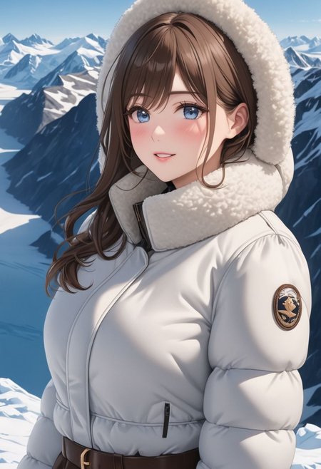 ((((white Oversized shearling down jacket)))), ((((white Oversized shearling puffer jacket)))), ((((white Oversized shearling winter clothes)))), ((((very very cold, in cold)))), ((((semi-realistic)))), ((((feet out of frame)))), ((((puffer hood)))), ((medium knee office skirt, pantyhose, boots)))), ((sharp eyelid, eyeliner, eyelashes, beautiful detailed eyes, tsurime, long messy brown hair, blue eyes, perfect anatomy)), smile, standing, icefield, ((((masterpiece)))), ((((best quality)))), ((intricate details)), RAW, 8K UHD, (1girl), office lady, detailed face, beautiful face, charming, bonny, (((blush))), (((heavy breathing))), (((feels orgasm))), wind, (Thick padded collar:1.4), (TSH:1.4), (Thick padded cuffs:1.4)