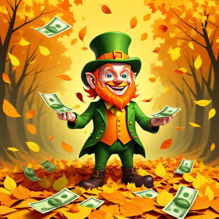 Illustration of a leprechaun converting autumn leaves magically into Orange and yellow bank notes,endposit_notesmorph