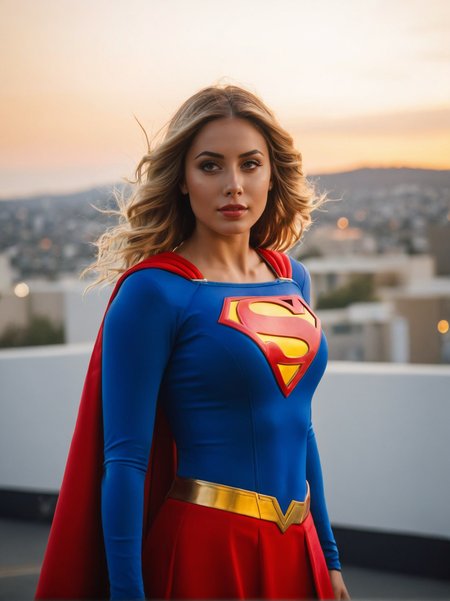 A dynamic cinematic photograph of Emma_Sucheon_P_MXAI_SDXL   , wearing a supergirl costume, standing on a rooftop, windblown hair, sunset in the background,, SK_CINEMATIC, ziprealism, (((Ultra-HD-details, Ultra-HD-detailed, Ultra-HD-realistic, Ultra-HD-photo-same-realistic-quality-details)))
