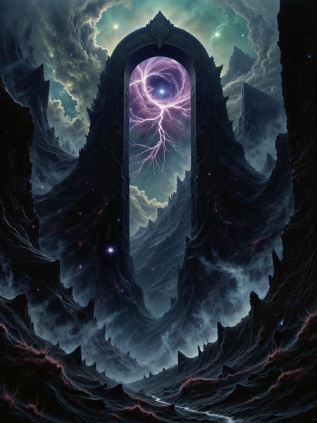 highly detailed and surreal sci-fi horror painting of a symmetrical gothic sci-fi dimension portal, movie poster style, blending supernatural elements with an atmosphere of haunting mystery, an eldritch landscape on a distant world, under a vast, dark sky lit with a galactic nebula and fractal, swirling clouds, the terrain is covered in strange alien plants and littered with bizarre rocks, pools of phosphorescent glowing liquid cast an eerie glow, the central focus is a towering, ominous dimensional portal in a gothic sci-fi architectural style suspended above a crater, its edges crackling with unnatural energy, glowing with swirling hues of deep purples, greens, and blues, ghostly shapes within the portalâs glowing core hint at terrifying, otherworldly creatures, in the foreground, twisted alien vegetation with serrated leaves and surreal, fractal shapes frame the portal, adding an unsettling atmosphere to the landscape, wafts of glowing mist drift across the terrain, the portal dominates the scene, towering over everything and casting a menacing glow that warps the ground below, radiating power and darkness, it draws the viewerâs eye to its shifting, mesmerizing light, while in the background, shadowed outlines of colossal, crumbling statues of forgotten alien deities stand as silent witnesses to the desolation, their faces worn smooth by time, the portals core seems to be alive, its swirling energy shifting and flickering, exuding a sense of deep, ancient malevolence, shadows from the alien foliage twist in the portalâs glow, creating an ever-shifting pattern across the rocky ground, adding to the ominous tension, the image is shot from a low angle, looking upward toward the portal, giving it an overpowering, towering presence, while capturing the alien plants in the foreground and the crumbling statues in the background, the angle adds depth and scale, emphasizing the vast, desolate landscape, soft, light from the portal glows with unnatural hues, casting a ghostly radiance across the landscape, while tendrils of glowing mist move and twist through the scene, creating an ethereal, dreamlike quality, scattered phosphorescent pools add hints of turquoise light, contrasting with the portalâs dark architecture, enhancing the mysterious atmosphere, painted in oil on canvas, intricate details, james web space telescope, cosmos, nebula in the sky, <lora:style-dark_landscapes-flux-by_andreac75:0.92> <lora:james_webb_space_telescope-flux-by_motimalu:0.56> <lora:image_enhancer-flux-by_dever:0.8>