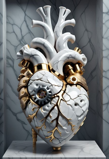 a young woman clutches her mechanical heart in her chest which is rendered in Greys anatomical style but with bolts and screws and steampunk valves, it has broken, a small bit of steam escapes from a valve, and the cracks fill with gold and she turns to marble, 
statue, sculpture, heart art, bhands