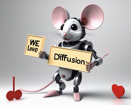 mouse robot holding a massive sign that says "We love stable diffusion!" <lora:n64:1>
