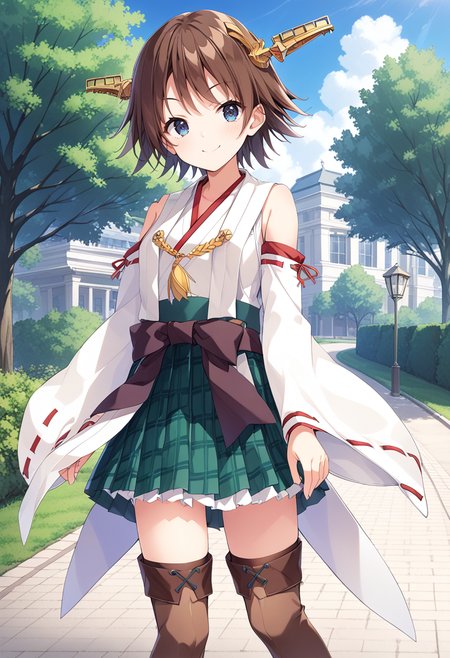 1girl, standing, cowboy shot, park,  <lora:KC_05BB_hiei_ponyv2:1> hieikc, brown_hair, headgear, short hair, flipped hair, blue eyes,         hieidefkc, nontraditional_miko, bare shoulders, detached sleeves, wide sleeves, ribbon-trimmed sleeves, white sleeves, plaid skirt, green skirt, pleated skirt, frilled skirt, brown thighhighs, black boots,, score_9,score_8_up, score_7_up, source_anime, masterpiece, best quality,  official art, official style, game cg, megami magazine, rating_safe, rating_questionable, <lora:Fixhands_anime_bdsqlsz_V1:0.75>, NEGATIVE_HANDS