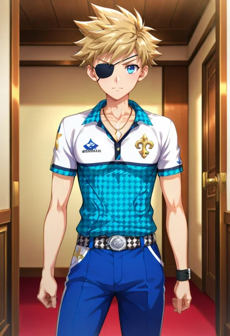 masterpiece, best quality, intricate details, anime screencap, anime coloring, official style, looking at viewer, , 1boy, solo, male focus, <lora:connor_bleufin_ilxl:1>, connor_bleufin, blonde hair, blue eyes, short hair, spiked hair, , necklace, , OliveGreen Poplin Fleur-de-lis Pleated golf pants, Houndstooth Henley shirt, , , Eye Patch