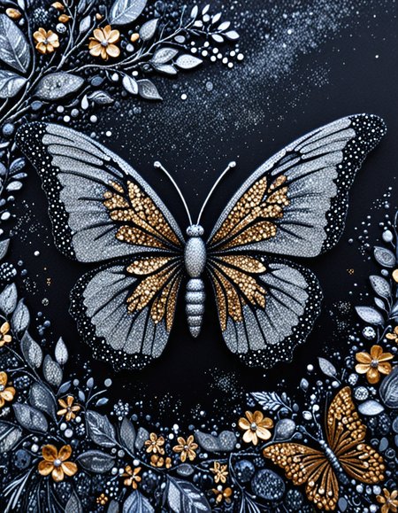 novuschroma63 style butterfly  , made of silver and gold jewels, glitter <lora:sdxl_lightning_8step_lora:1> <lora:novuschroma63 style:1>