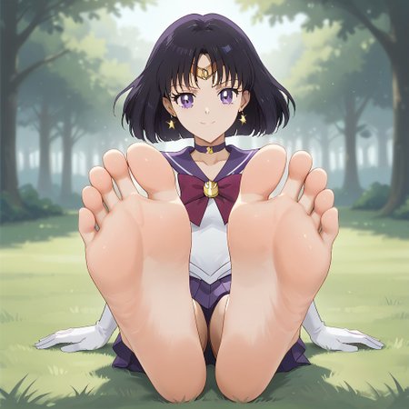 score_9, score_8_up, BREAK, (masterpiece:1.4), (best quality:1.2), solo, perfect anatomy, accurate anatomy, perfect feet, perfect soles, PONYXL_WaifuFeetPics_ownwaifu, solo, Sailor Saturn, 1girl, bob cut,tiara,earrings,sailor senshi uniform,purple eyes, purple choker, purple sailor collar, red bowtie, white shirt, elbow gloves, white gloves, pleated skirt, purple miniskirt, sexy pose, self portrait, smile, outdoors, sunlight, shadows, evening lighting, natural lighting, forest, trees, grass, orange sky, sunset, (((sitting, barefoot, foot focus, feet, soles)))