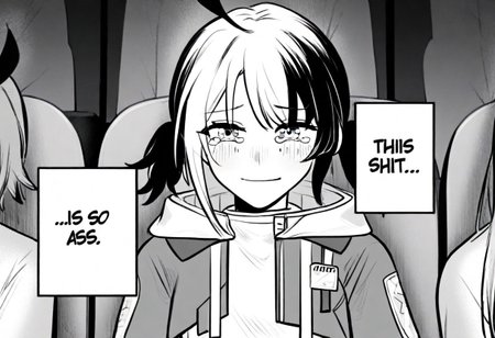 GigiBase, multicolored hair, short twintails, ahoge, animal hood, hood down, jacket, cropped jacket, white shirt, thisShitisSoAss, 1girl, multiple girls, solo focus, closed mouth, smile, looking at viewer, sitting, upper body, straight-on, chair, tears, crying, crying with eyes open, tearing up, blush, monochrome, greyscale, comic, meme, english text, speech bubble