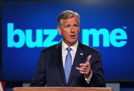 professional photojournalistic shot of a politic at White House press podium with Hand gesture Shaka, dramatic lighting, crisp 4K detail, behind him a bold blue logo with sign that says 'buzz me',  shot on Canon EOS R5, natural color grading, high contrast, photorealistic, sharp focus, editorial style, seamless lighting, AP Press style photograph,sign that says,logo, text, sign that says, the word,