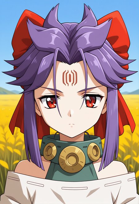 eretzvaju_kakurine, facial mark, forehead mark, red eyes, purple hair, medium  hair, sidelocks, hair ribbon, collar, bare shoulders, japanese clothes, long sleeves, dress, <lora:eretzvaju_kakurine_illustrious_ver1:0.8> 
1girl, solo, (field:1.2), (blue sky:1.2), looking at viewer, serious,, masterpiece, best quality, general,, (upper body:1.2), (close-up:1.2), (facing viewer:1.2), (open eyes:1.4), (portrait:1.2)