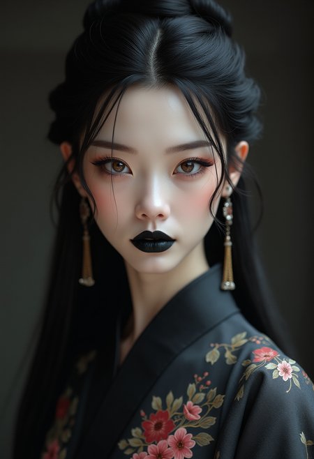 cinematic photo A highly detailed, realistic digital painting of a Chinese Zixia woman 28yo with a pale complexion, dark straight hair in an elegant updo with a few loose strands framing her face, intricate makeup , deep black lips, wearing a high-collared garment with floral patterns in a dark, muted palette, against a dark gradient background, emphasizing her enigmatic and mystical aura,, high resolution, rich textures, and contemplative mood. Dark makeup,
. Her eyes are a deep piercing and  brown
<lora:FluxMythP0rtr4itStyle:0.5> mythp0rt . 35mm photograph, film, bokeh, professional, 4k, highly detailed