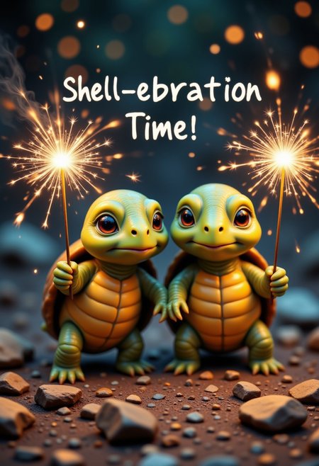 Two tiny cute baby turtles holding sparklers, with the text: “Shell-ebration Time!”Jedjv1, aidmaimageupgrader,