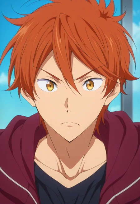 masterpiece, best quality, , anime screencap, anime coloring, official style, looking at viewer, 1boy, solo, male focus, <lora:momotarou_mikoshiba_ilxl:0.92>, momotarou_mikoshiba, orange hair, yellow eyes, ,