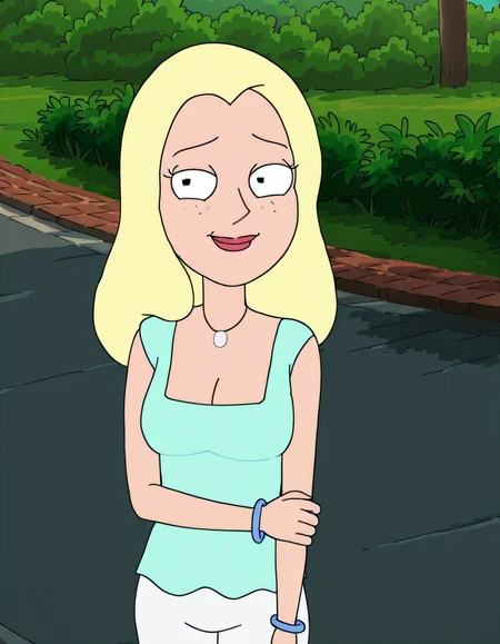 <lora:DianeIllustrious1.0JLFO:1> diane, 1girl, blonde hair, solo, freckles, long hair, necklace,white pants breasts, cleavage, aqua shirt, smile, bracelet,looking at viewer, holding own arm,shy,  outdoors,