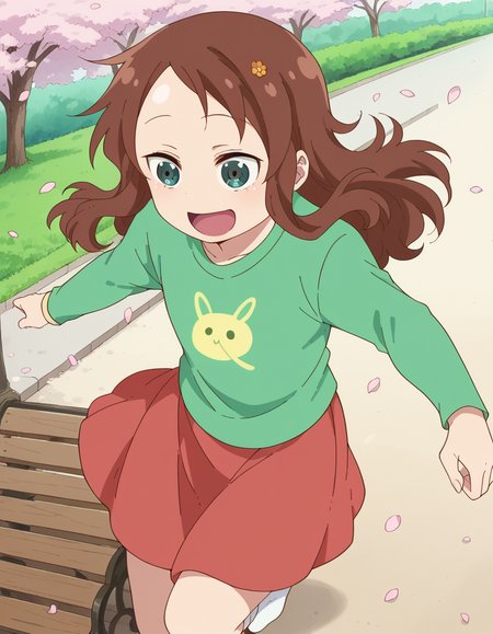 score_9, score_8_up, score_7_up, source_anime, <lora:riko-saikawa-s2-ponyxl-lora-nochekaiser:1>, riko saikawa, long hair, brown hair, green eyes, hair flower, hair ornament, flower,, skirt, shirt, long sleeves, red skirt, white socks, green shirt,, park, cherry blossoms, bench, gentle breeze, peaceful, running, open mouth,, smile, , from above,, solo,, dutch angle,