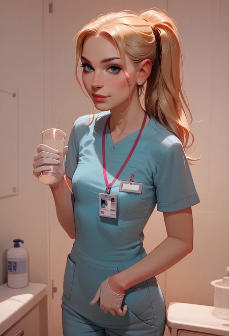 safe_pos, safe_pos, score_9_up, score_8_up, score_7_up, score_9_up, score_8_up, score_7_up, best quality, ultra highres, Casual, Expressiveh, g0thicPXL, fFaceDetail, 
indoors, Hospital, detailed background, hospital room, medical equipment,
BREAK
1 girl, solo, blonde, blue eyes, long hair, white surgical gloves, white latex gloves, white gloves, putting on gloves, cup in hand, plastic cup, one hand up,  looking at viewer, ponytail, nurse, small breasts, blue nurse scrubs, hud_scrbs, short sleeves, shirt, pants, pocket, lanyard, ID card, 
original, perfect lighting, realistic skin, close up