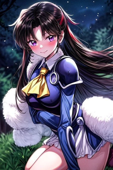 masterpiece,  best quality 1girl Setsun4 solo long hair,  (night time) forest background black hair very long hair purple eyes multicolored hair armor (fur trim) (medium body),<lora:EMS-179-EMS:0.800000>,<lora:EMS-293862-EMS:0.800000> bow, hair_bow, hair_tubes, red_bow, brown_hair, long_hair, bangs, ascot, frilled_bow, yellow_ascot, blush, smile, hair_between_eyes, athletic, armor
