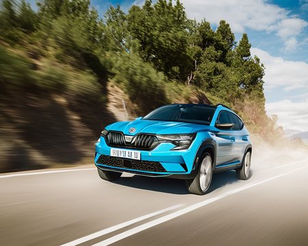 waggiephoto,dacia skoda vw suv driving on highway, mountains in background, sunny day, blue sky with clouds, hero shot, dust particles, motion blur, depth of field, lens flare, depth of field, photohelper