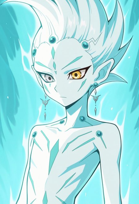 masterpiece,best quality,amazing quality, source_anime, 
astralzx, 1boy, male focus, solo, blue skin, spiked hair, pointy ears, earrings, heterocromia, grey eyes, yellow eyes, upper body, aqua theme, aura,