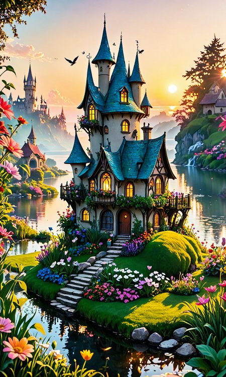 The most amazing dream you ever had about a house. It is so close to the camera, and it's very beautiful. It was just an hour-detailed. A little bird sits on top of the house that will be in a flower garden. The scene looks like a fairy castle made of grass by the lake. It has been lit by sunlight at sunset <hypernet:BadHands:1> <lora:Fast:0.69>