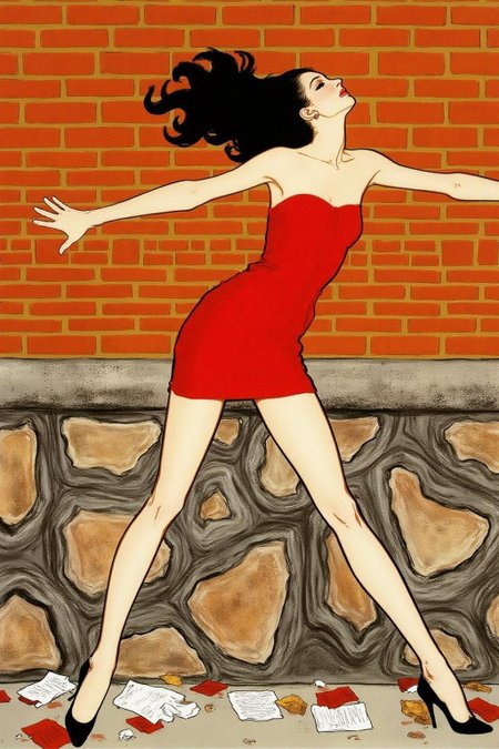 regr1 sketch. 
A woman leaning against a brick wall, set in an urban environment. She has long black hair flowing loosely and wears a short, strapless red dress that clings to her figure, emphasizing a sense of motion and sensuality. Her pose is dramatic, with her arms stretched against the wall and her head tilted slightly back, exuding a sense of vulnerability and allure. She is wearing black high-heeled shoes, and the ground below features scattered papers and debris, adding a gritty urban atmosphere. The brick wall and stone base provide a textured backdrop with warm tones, contrasting with the bold red of her dress.  <lora:regr1_fashion_nocap_d6a3:1.0><lora:807337333763603619:0>
