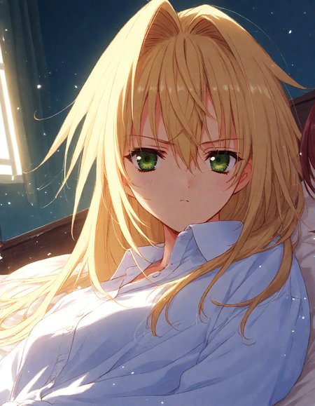 score_9, score_8_up, score_7_up, masterpiece, best quality, absurdres, official art, official style, (anime coloring, anime screencap, megami magazine, flat color:1.3), zPDXL2, zPDXLxxx,
<lora:Nanase_Aoi_Style_Pony_v1:1.0>, 1girl, solo focus, Nanase_Aoi_Style
bedroom, on bed, bed sheet, dim lighting, light particles, (close-up:1.3), looking at viewer, dutch angle, 
, long hair, collared shirt, bed, green eyes, messy hair, shirt, straight hair, upper body, sitting, blonde hair, closed mouth, :|, from below, indoors, white shirt, pillow, hair between eyes, serious, frown
