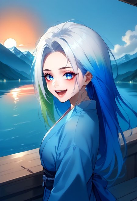 score_9, score_8_up, score_7_up, 8k uhd, masterpiece, best quality, high quality, absurdres, ultra-detailed, (highly detailed), OverallDetail, Expressiveh, 
,
((( Adult )))
,
(((1 woman)))
,
(((RoxanaF, blue eyes, multicoloured hair, yukata)))
,
((( TeraceWA, lake, sky, mountains, sunset )))
,
((( Smiling, posing, face close-up view, side view)))