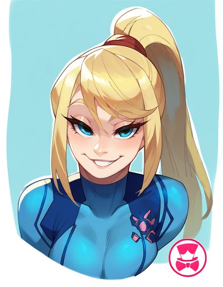 score_9, score_8_up, score_7_up, score_6_up, score_5_up, score_4_up, Schp1cy, , 1girl, samus aran, blue bodysuit,  blue background, white outline, smile   <lora:SchpicyStyle-03:1>,