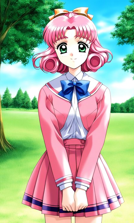 general,highres, ultra-detailed,very aesthetic,best quality ,best hands, BREAK <lora:Minagawa_Nana_kakyuusei_Ver2.0_IS:1>
Minagawa_Nana(kakyuusei), 1girl, solo, pink hair, short hair, hair bow, ribbon, green eyes, curly hair, 
school uniform, long sleeves, bangs, pink skirt, pink jacket, pleated skirt, blue bow, white shirt,
smile, v arms, cowboy_Shot,
grass, tree, sky, day,