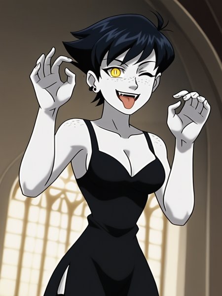 score_9,, 
vampire girl, white skin, colored skin, ass focus, black dress, garter straps, black hair, very short hair, tomboy, ear piercing, freckles, yellow eyes, cute pose, shy, bright pupils, particles around, splash art, medium breasts, narrow waist, looking at viewer, cowboy shot, dynamic pose, smile, cute, wide shot, solo focus, dutch angle, detailed background, cleavage, tongue out, one eye closed, dark church, 
XmenEvo, flat color, official style, cartoon style, <lora:AXmenEvolutionXL_Style:1>