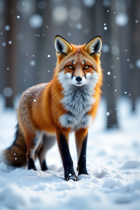 “A stunning wildlife photograph of a red fox standing alert in a serene, snow-covered forest as gentle snowfall drifts through the air. Its vibrant orange fur contrasts beautifully against the white landscape, with delicate snowflakes resting on its whiskers and ears. The fox’s piercing amber eyes gaze directly into the camera, exuding curiosity and intelligence. Its ears are perked, and its tail rests gently behind it, as if sensing something in the distance. Soft morning light filters through the bare trees, casting long shadows on the powdery snow. The background is slightly blurred, enhancing the sharp details of the fox’s thick fur and delicate paw prints in the fresh snow. The falling snowflakes add a magical, peaceful atmosphere to this breathtaking winter wildlife scene.”,aidmafluxpro1.1