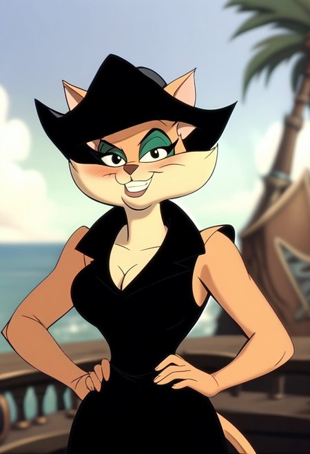 score_9, score_8_up, score_7_up, score_6_up, score_5_up, score_4_up, retro artstyle, BREAK 
Tabitha_Fantomcat,cat girl,short hair,1girl, breasts, solo, hat, smile, jewelry, cleavage, hands on own hips, pirate, pirate hat,short hair, cleavage cutout, looking at viewer,black eyes, ocean, outdoors, black headwear, sleeveless, clothing cutout,short hair, grin, cowboy shot, sky, dress, bare shoulders, black dress, day, large breasts, blush, water
<lora:tabitha-v1:1>