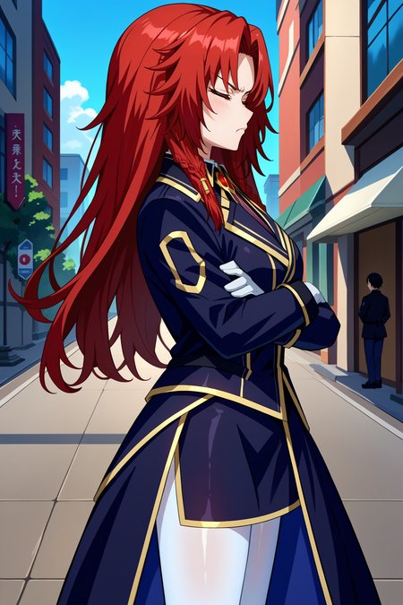 score_9, score_8_up, score_7_up, score_6_up, source_anime, 1girl, solo, <lora:irismidgar-pdxl-nvwls-v1-000004:1> irsmdgr, red hair, long hair, braid, red eyes, black coat, black uniform, gold trim, black skirt, white pantyhose, white gloves, crossed arms, closed eyes, pout, from side, looking up, blush, city, blue sky