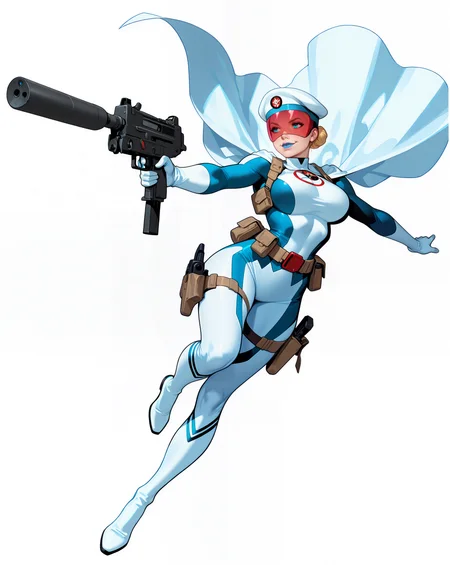 solo, (full body shot, wide shot:1.2), 1girl, (30 year old Russian woman:1.2), beautiful female cyborg spy, fair skin, (white with light blue accents superhero bodysuit with armor padding:1.3), white body armor vest, thigh pistol holsters, white cloak, white military beret, cyborg, cybernetic seams, utility belt, blue eyes, epic red visor, long blonde hair, hair bun, white arm length gloves, slim waist, (toned body:1.1), (large breasts:1.2), wide hips, ultra detailed face, (blue lips:1.2), confident closed mouth smile, strong jaw line, white thigh high superhero boots, (shooting a uzi-pistol machine pistol with a suppressor:1.2), white background, (dynamic pose, dynamic composition, dynamic angle:1.2), digital painting, masterpiece, best quality, very awa, absurdres, 8k, comic art style,  <lora:NOOB_vp1_detailer_by_volnovik_v1:0.6> <lora:noobai_vpred_1_aqm_complete_v3:0.3> masterpiece, best quality, very aesthetic <lora:HyperdetailedColoredPencilIl:0.3> ArsMJStyle, Colored pencil hyperdetailed realism <lora:ponyv6_noobE11_2_adamW:0.3> <lora:illustriousXL_stabilizer_v1.7:0.4> <lora:Comics_IllustriousXL_Lora:0.3> C0M1C5 Style <lora:Superhero_Aesthetic_Illustrious:0.3> SUP3RH3R0 Style, comic art style, <lora:Carlos GomezStyleilluLYCO:0.3> cgstyle, (borderless), <lora:ppw_v7_Illuv1.0_1_r2:0.2>, <lora:anatomy_helper:1> <lora:Uzi_-_Machine_Pistol:0.5>, uzi-pistol