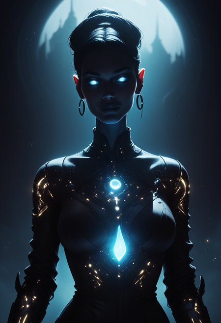 score_9, score_8_up, score_7_up, score_6_up, score_5_up, score_4_up, magical mystical glowing cyborg, semiconductor crown, moonlight office, dark shadows, glowing in the dark,  bright colors, high contrast, dark background, vivid lighting, night business space