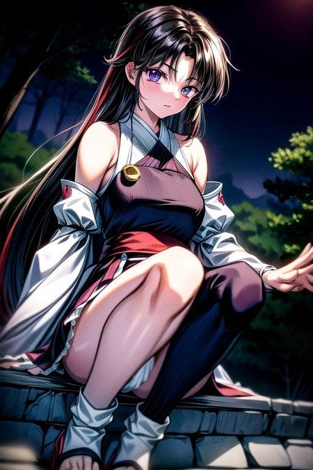 masterpiece,  best quality 1girl Setsun4 solo long hair,  (night time) forest background black hair very long hair purple eyes multicolored hair armor (fur trim) (medium body),<lora:EMS-179-EMS:0.800000>,<lora:EMS-293862-EMS:0.800000>ascot, bare shoulders, black footwear, detached sleeves, embellished costume, frills, japanese clothes, nontraditional miko, red skirt, sandals, sarashi, skirt, socks, white sleeves, white socks, wide sleeves, yellow ascot, zouri, armor, miko