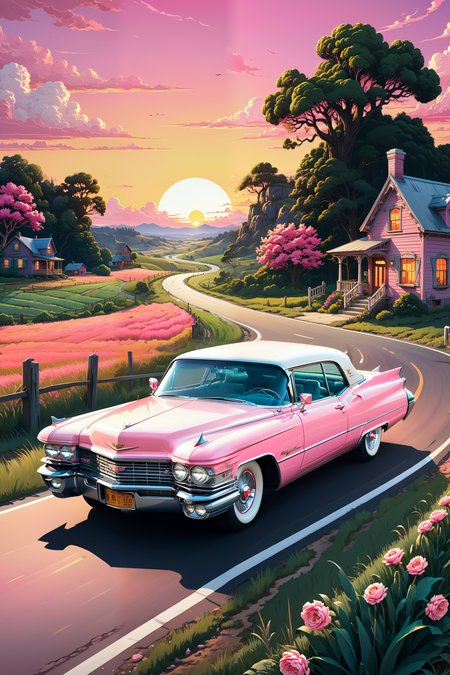 <lora:xl_more_art-full_v1:0.7> , (best quality:1.5), (intricate emotional details:1.5), (sharpen details),  (ultra detailed), (cinematic lighting),  pink Cadillac, car, driving through the country, sunset, relaxing vibes. cartoon style, line art, sticker style