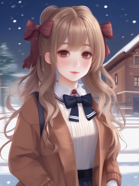 masterpiece, best quality, girl, long hair, looking at viewer, brown cardigan , frilled socks, hair_bow, bowtie, in winter, blush, sweater dress, ,<lora:sl_sila0.8>