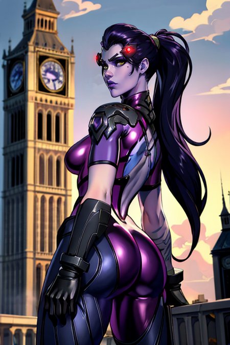 masterpiece,best quality,extreme detail,8k,image sharpness,<lora:widowmaker-10:0.8> widow2, 1girl, solo, long hair, looking at viewer, gloves, yellow eyes, ponytail, purple hair, ass, short sleeves, cowboy shot, outdoors, sky, looking back, artist name, cloud, from behind, official alternate costume, lips, bodysuit, makeup, colored skin, watermark, lipstick, building, web address, clock, purple skin, hair pulled back, purple lips, tower, head-mounted display, clock tower