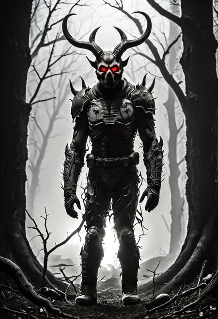 silhouette style, cinematic film still of the silhouette of an disembodied of a female demon,head, multiple eyes, horrific, with a megaphone instead of his head sitting on a branch at night, with glowing eyes, very detailed, haze lighting, backlit, 4k uhd masterpiece, blackmetal style, xerox, black and white, BadDream, UnrealisticDream, Doomguy, soviet poster, femalebonedemon